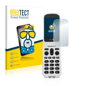 Parte frontal de un envase de producto con el logotipo de la marca BROTECT. Al lado se muestra el dispositivo Doro 6050 con su