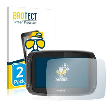 Parte frontal de un envase de producto con el logotipo de la marca BROTECT. Al lado se muestra el dispositivo TomTom Rider 450