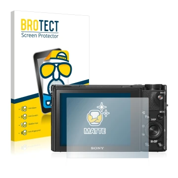 Parte frontal de un envase de producto con el logotipo de la marca BROTECT. Al lado se muestra el dispositivo Sony Cyber-Shot 