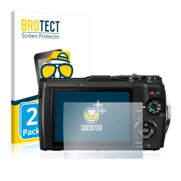 Parte frontal de un envase de producto con el logotipo de la marca BROTECT. Al lado se muestra el dispositivo Olympus Tough TG