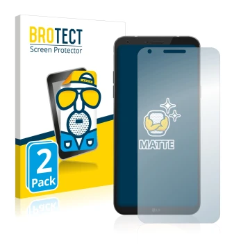 Parte frontal de un envase de producto con el logotipo de la marca BROTECT. Al lado se muestra el dispositivo LG Q6 con su pro