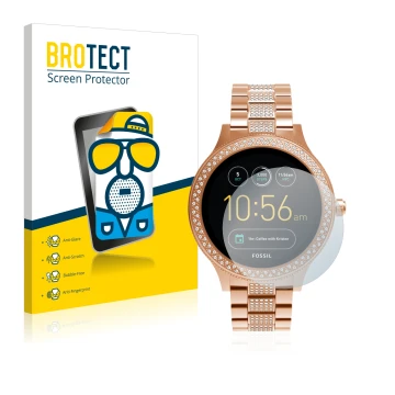 Parte frontal de un envase de producto con el logotipo de la marca BROTECT. Al lado se muestra el dispositivo Fossil Q Venture