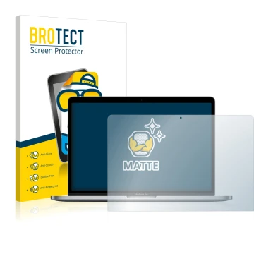 Parte frontal de un envase de producto con el logotipo de la marca BROTECT. Al lado se muestra el dispositivo Apple MacBook Pr