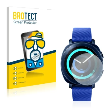 Parte frontal de un envase de producto con el logotipo de la marca BROTECT. Al lado se muestra el dispositivo Samsung Gear Spo