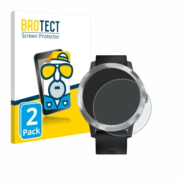 Parte frontal de un envase de producto con el logotipo de la marca BROTECT. Al lado se muestra el dispositivo Garmin vivoactiv