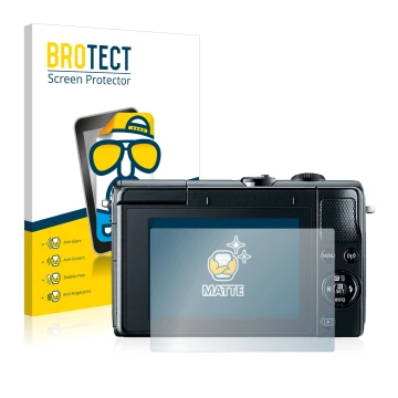 Parte frontal de un envase de producto con el logotipo de la marca BROTECT. Al lado se muestra el dispositivo Canon EOS M100 c