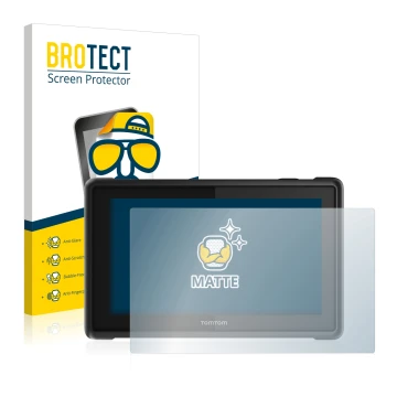 Parte frontal de un envase de producto con el logotipo de la marca BROTECT. Al lado se muestra el dispositivo TomTom Pro 8275 