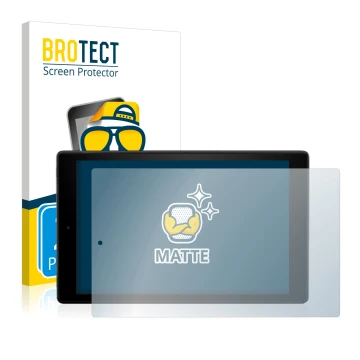 Parte frontal de un envase de producto con el logotipo de la marca BROTECT. Al lado se muestra el dispositivo Amazon Fire HD 1