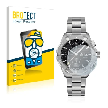 Parte frontal de un envase de producto con el logotipo de la marca BROTECT. Al lado se muestra el dispositivo TAG Heuer Aquara