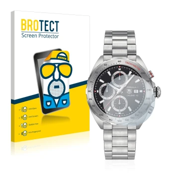 Parte frontal de un envase de producto con el logotipo de la marca BROTECT. Al lado se muestra el dispositivo TAG Heuer Formul