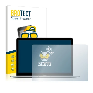 Parte frontal de un envase de producto con el logotipo de la marca BROTECT. Al lado se muestra el dispositivo Apple MacBook Re