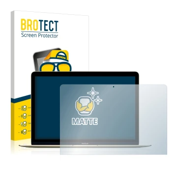 Parte frontal de un envase de producto con el logotipo de la marca BROTECT. Al lado se muestra el dispositivo Apple MacBook Re