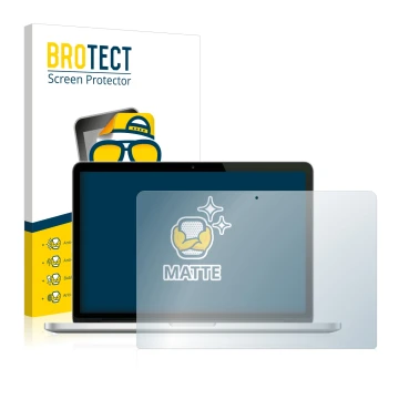 Parte frontal de un envase de producto con el logotipo de la marca BROTECT. Al lado se muestra el dispositivo Apple MacBook Pr