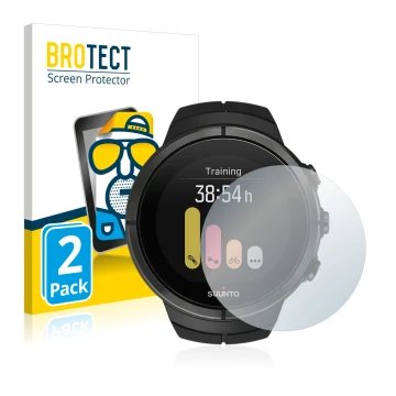Parte frontal de un envase de producto con el logotipo de la marca BROTECT. Al lado se muestra el dispositivo Suunto Spartan U