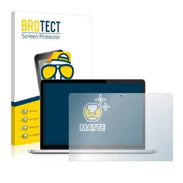 Parte frontal de un envase de producto con el logotipo de la marca BROTECT. Al lado se muestra el dispositivo Apple MacBook Pr