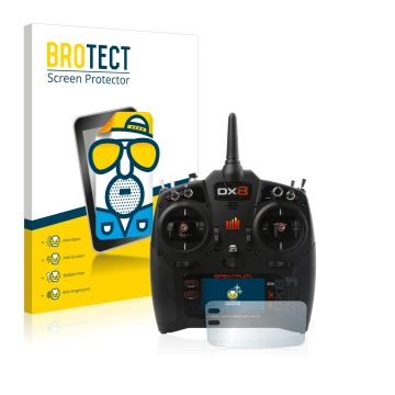 Parte frontal de un envase de producto con el logotipo de la marca BROTECT. Al lado se muestra el dispositivo Spektrum DX8 G2 