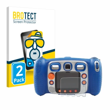Parte frontal de un envase de producto con el logotipo de la marca BROTECT. Al lado se muestra el dispositivo Vtech Kidizoom D
