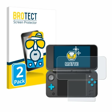 Parte frontal de un envase de producto con el logotipo de la marca BROTECT. Al lado se muestra el dispositivo New Nintendo 2DS