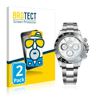 Parte frontal de un envase de producto con el logotipo de la marca BROTECT. Al lado se muestra el dispositivo Rolex Cosmograph