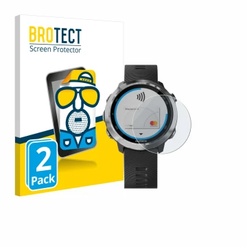 Parte frontal de un envase de producto con el logotipo de la marca BROTECT. Al lado se muestra el dispositivo Garmin Forerunne