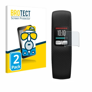 Parte frontal de un envase de producto con el logotipo de la marca BROTECT. Al lado se muestra el dispositivo Garmin Vivofit 4