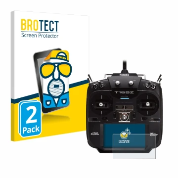 Parte frontal de un envase de producto con el logotipo de la marca BROTECT. Al lado se muestra el dispositivo Robbe Futaba T16