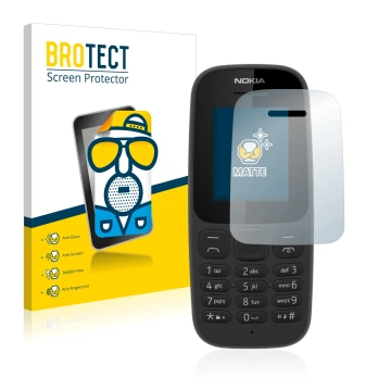 Parte frontal de un envase de producto con el logotipo de la marca BROTECT. Al lado se muestra el dispositivo Nokia 105 2017 c
