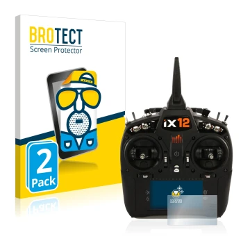 Parte frontal de un envase de producto con el logotipo de la marca BROTECT. Al lado se muestra el dispositivo Spektrum IX12 co