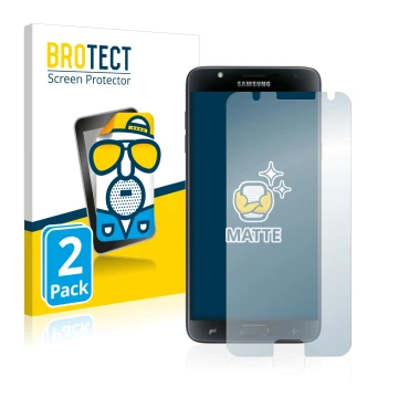 Parte frontal de un envase de producto con el logotipo de la marca BROTECT. Al lado se muestra el dispositivo Samsung Galaxy J