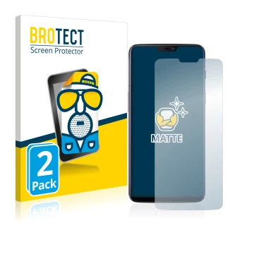 Parte frontal de un envase de producto con el logotipo de la marca BROTECT. Al lado se muestra el dispositivo OnePlus 6 con su