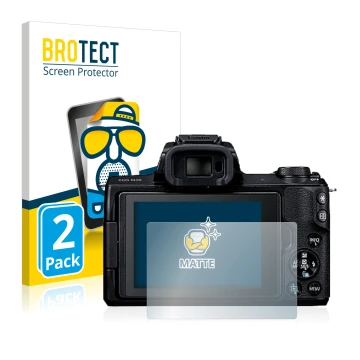 Parte frontal de un envase de producto con el logotipo de la marca BROTECT. Al lado se muestra el dispositivo Canon EOS M50 co