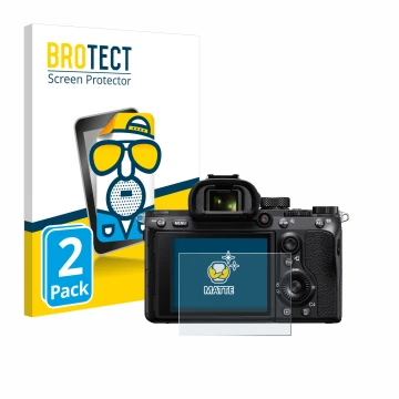 Parte frontal de un envase de producto con el logotipo de la marca BROTECT. Al lado se muestra el dispositivo Sony Alpha 7 III