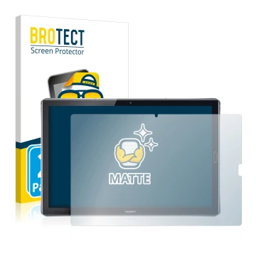 Parte frontal de un envase de producto con el logotipo de la marca BROTECT. Al lado se muestra el dispositivo Huawei MediaPad 