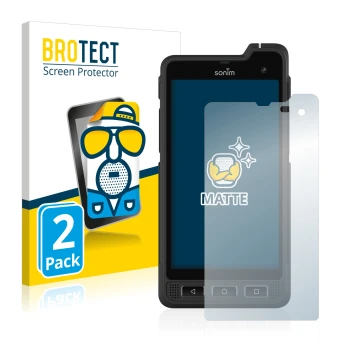 Parte frontal de un envase de producto con el logotipo de la marca BROTECT. Al lado se muestra el dispositivo Sonim XP8 con su