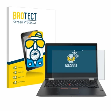 Parte frontal de un envase de producto con el logotipo de la marca BROTECT. Al lado se muestra el dispositivo Lenovo ThinkPad 