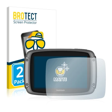 Parte frontal de un envase de producto con el logotipo de la marca BROTECT. Al lado se muestra el dispositivo TomTom Rider 500