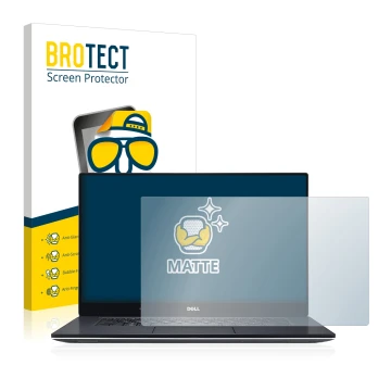 Parte frontal de un envase de producto con el logotipo de la marca BROTECT. Al lado se muestra el dispositivo Dell XPS 15 9560