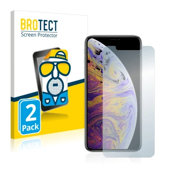 Parte frontal de un envase de producto con el logotipo de la marca BROTECT. Al lado se muestra el dispositivo Apple iPhone Xs 