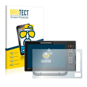 Parte frontal de un envase de producto con el logotipo de la marca BROTECT. Al lado se muestra el dispositivo Humminbird Solix