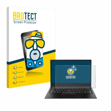 Parte frontal de un envase de producto con el logotipo de la marca BROTECT. Al lado se muestra el dispositivo Lenovo ThinkPad 