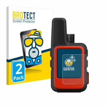 Parte frontal de un envase de producto con el logotipo de la marca BROTECT. Al lado se muestra el dispositivo Garmin inReach M