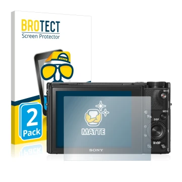 Parte frontal de un envase de producto con el logotipo de la marca BROTECT. Al lado se muestra el dispositivo Sony Cyber-Shot 