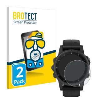 Parte frontal de un envase de producto con el logotipo de la marca BROTECT. Al lado se muestra el dispositivo Garmin Fenix 5S 