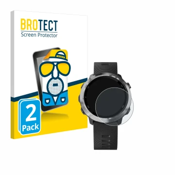 Parte frontal de un envase de producto con el logotipo de la marca BROTECT. Al lado se muestra el dispositivo Garmin Forerunne
