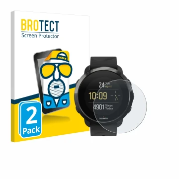 Parte frontal de un envase de producto con el logotipo de la marca BROTECT. Al lado se muestra el dispositivo Suunto 3 Fitness