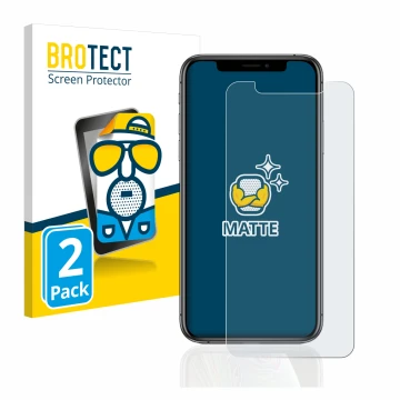 Parte frontal de un envase de producto con el logotipo de la marca BROTECT. Al lado se muestra el dispositivo Apple iPhone Xs 