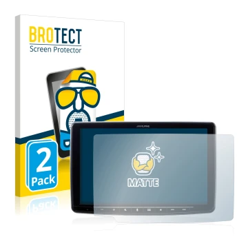 Parte frontal de un envase de producto con el logotipo de la marca BROTECT. Al lado se muestra el dispositivo Alpine iLX-F903D
