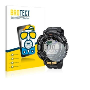 Parte frontal de un envase de producto con el logotipo de la marca BROTECT. Al lado se muestra el dispositivo Casio Pro Trek P