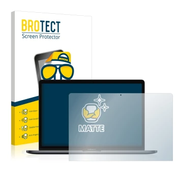 Parte frontal de un envase de producto con el logotipo de la marca BROTECT. Al lado se muestra el dispositivo Apple MacBook Pr