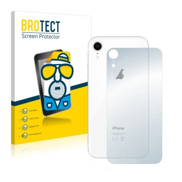 Parte frontal de un envase de producto con el logotipo de la marca BROTECT. Al lado se muestra el dispositivo Apple iPhone XR 